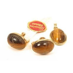 Vintage Van Dell Tiger's Eye Scarab Beetle Pendant & Earrings Gold Filled Set